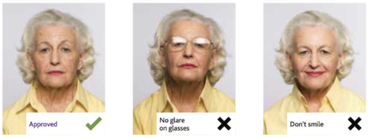 No glare on glasses. Do not smile.
